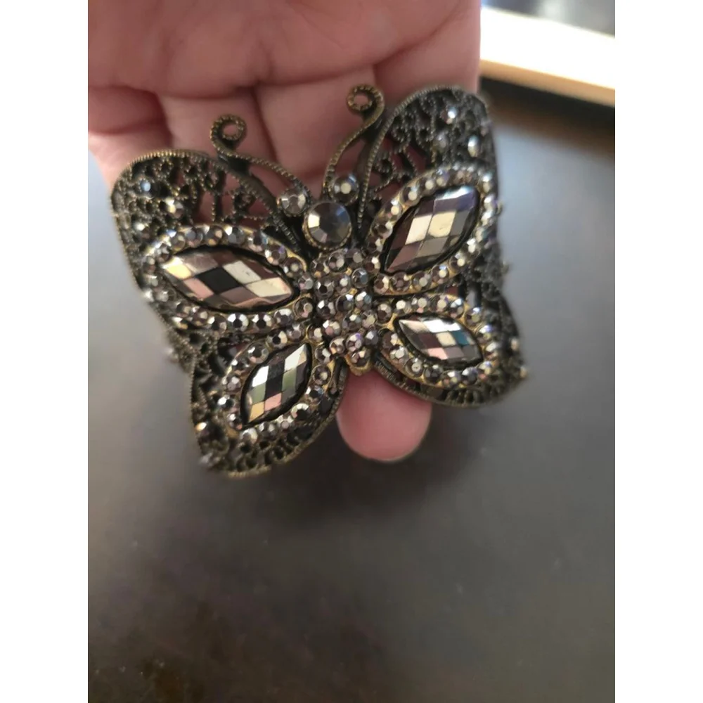 Women's Vintage Whimsigoth Bronze Black Butterfly Rhinestone Hinge Cuff Bracelet